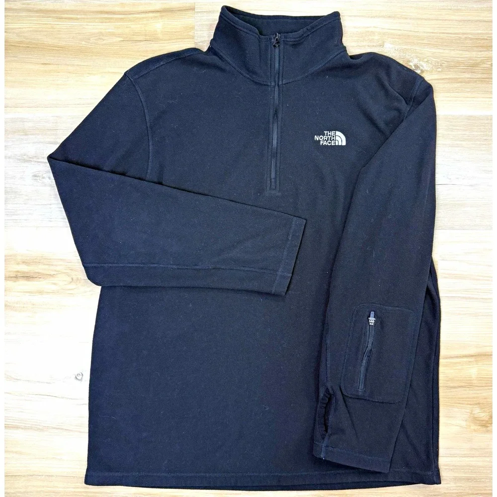 The North Face Quarter Zip Fleece Mens Large Black Pullover Sleeve Pocket Thumb